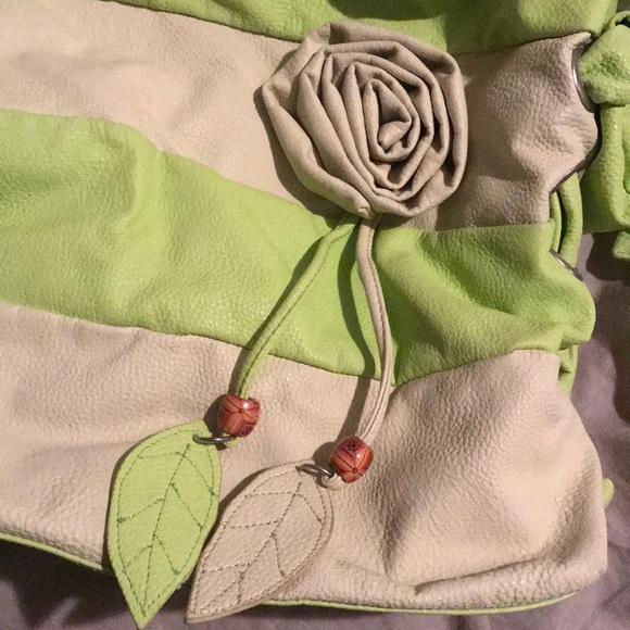 Lime & Cream Hobo Bag with Rosette Accent - Picture 2 of 4